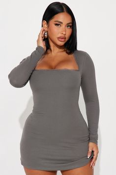 Available In Pink And Grey. Double Lined Ribbed Mini Dress Square Neck Long Sleeve Lace Trim Stretch 95% Rayon 5% Spandex Imported | Kinsley Double Lined Mini Dress in Grey size XL by Fashion Nova Stephanie Rao, Dress Square Neck, Square Neck Long Sleeve, Ribbed Mini Dress, Matching Dresses, Grey Fashion, Long Sleeve Lace, Gray Dress, Active Wear For Women