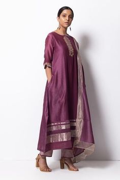 Plum pink kurta highlighted with zardozi embroidery, round neckline and straight silhouette. Comes with cotton silk pant and chanderi dupatta. - Aza Fashions Chanderi Silk Suit Designs Indian, Silk Suit Designs Indian, Chanderi Suits Design, Suits Design Latest, Silk Kurta Set, Chanderi Dupatta, Pink Kurta, Zardozi Embroidery, Silk Pant