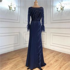 Muslim Navy Blue Mermaid Evening Dresses Gowns 2024 Luxury Elegant Beaded Feather For Women Party Beaded Feather, Blue Mermaid, Evening Dress Fashion, Stunning Gowns, Mermaid Silhouette, Mermaid Evening Dresses, Women Party, Ladies Party, Blue Hues