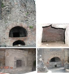 four different views of an old brick oven