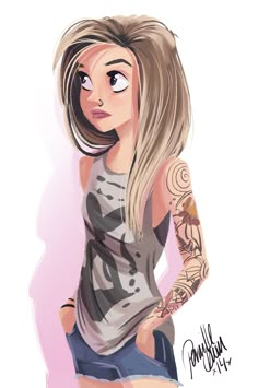 a drawing of a woman with tattoos on her arms and legs, wearing a purple shirt