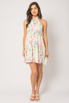 Floral print halter dress Halter Neck Midi Dress With Elastic Neckline, Multicolor Printed Sleeveless Dress For Spring, Floral Print A-line Mini Dress For Vacation, Spring Multicolor Printed Sleeveless Dress, Spring A-line Sundress For Day Out, Chic Floral Print Sundress For Spring, Summer A-line Halter Sundress, Summer Printed Sleeveless Dress For Garden Party, Printed Sleeveless Dress For Garden Party