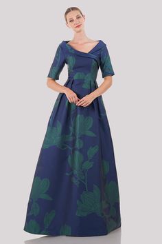 Coco Gown – Kay Unger Mother Of The Bride Blue Dress, Fun Mother Of The Bride Dresses, Mother Of Bride Dresses Fall, Floral Print Gowns, Voluminous Skirt, High Low Gown, Unusual Weddings, Kay Unger, Blue Jade