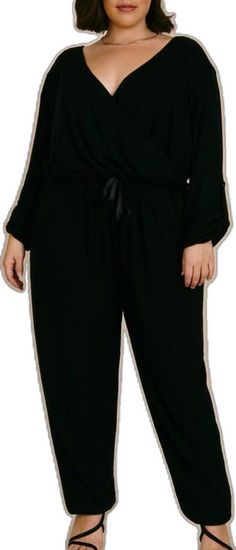 Casual Black Jumpsuits And Rompers With Elastic Waistband, Black Sleepwear For Lounging In Fall, Black Fall Loungewear Sleepwear, Fall Black Sleepwear For Lounging, Chic Black Jumpsuits With Elastic Waistband, Black Relaxed Fit Jumpsuits And Rompers For Loungewear, Casual Long Sleeve Sleep Jumpsuits And Rompers, Chic Long Pants Jumpsuits And Rompers For Loungewear, Black Jumpsuits And Rompers With Elastic Waistband For Work