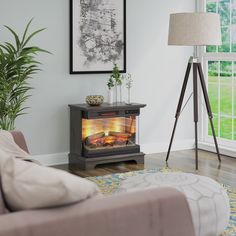 a living room with a couch, lamp and fire place in front of a window