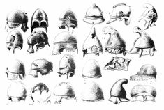 an image of helmets and helmets drawn by hand in pencil, vintage engraving or etching