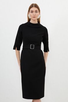 Structured Crepe Turtleneck Pencil Midi Dress | Karen Millen Business Formal Dresses, Elegant Belted Midi Dress With 3/4 Sleeves, Classic Belted Dress For Office Wear, Chic Belted Midi Dress With 3/4 Sleeves, Elegant Career Dresses With 3/4 Sleeves, Classic Fitted Belted Dress For Office, Fitted Classic Belted Dress For Office, Fitted Business Belted Dress, Belted Midi Dress With Half Sleeves