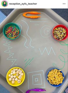 a child's drawing on a tray with bowls and spoons