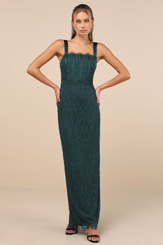 Timeless beauty is easy to achieve with a sophisticated updo and the Lulus Classy Flirtation Emerald Green Lace Bustier Maxi Dress! Chic green floral lace shapes this exquisite dress features a bustier-inspired bodice with internal boning across the front and a straight, lacy neckline, all supported by wide adjustable straps. The high, fitted waist tops a column maxi skirt that falls to a scalloped, eyelash lace hem. Convenient kick pleat and hidden zipper/clasp at the back. Fit: This garment fi Sophisticated Updo, Green Wedding Guest Dresses, Emerald Green Lace, Formal Dresses Gowns, Green Bridesmaid Dresses, Lace Bustier, Adhesive Bra, Column Dress, Kick Pleat