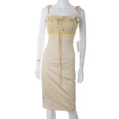 Elegant Betsey Johnson Fashion Piece. This Beige-Colored Ruffle Bodice Dress In Size 6 Presents A Timeless Style Accentuated By Charming String Tie Highlights And Pleating. Circa 2000s, Comes With Tag. Yellow Fitted Midi Dress With Ruffles, Fitted Yellow Midi Dress With Ruffles, Betsey Johnson Floral Dress, Retro Midi Dress, Leopard Print Wrap Dress, Glitter Party Dress, Ruffle Bottom Dress, Evening Midi Dress, Betsey Johnson Dress