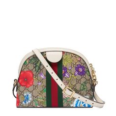 Small Ophidia Flora shoulder bag from Gucci. Crafted from canvas, this beige and ebony piece is decorated with an all-over GG Supreme and multicoloured Flora print and detailed with the brand's signature green and red Web to the front. Featuring an adjustable shoulder strap, a two-way zip fastening, a gold-tone GG logo to the front, a main internal compartment, internal slip pockets, an internal logo patch and off-white leather trimming. Gucci Ophidia Shoulder Bag, Faux Fur Hoodie, Gucci Brand, Floral Overlay, Gucci Ophidia, Fur Hoodie, T Dress, Gucci Models, Mini Shoulder Bag