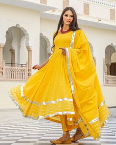 Dress Set Anarkali Style - Shaili - www.riafashions.com Yellow Anarkali Cotton Silk Kurta, Yellow Mulmul Palazzo Set With Zari Work, Yellow Anarkali Churidar In Cotton Silk, Yellow Mulmul Sharara With Traditional Drape, Yellow Mulmul Palazzo Set With Cutdana, Yellow Mulmul Palazzo Set With Cutdana Details, Yellow Cotton Silk Anarkali Set With Cutdana, Yellow Mulmul Salwar Kameez With Gota Work, Yellow Anarkali Set With Mirror Work, Straight Kurta