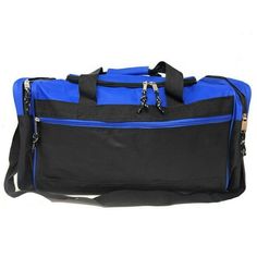 Two Tone Square Heavy Duty Duffle Bags Great Bag For Travel, Sports, Gym, School, Workout, Luggage, Carry-On. This zippered duffle bag has large main compartment, two end zippered pockets, front zippered pocket, adjustable handle and detachable shoulder strap. MATERIAL:600D Polyester SIZE:21" x 10" x 9" COLORS: BLACK ROYAL / BLACK RED / BLACK Size: one size.  Age Group: adult. Rectangular Gym Bag With Pockets For Overnight Trips, Sporty Rectangular Weekender Bag With Zipper, Rectangular Sports Travel Bag With Pockets, Blue Rectangular Gym Bag For Overnight Trips, Durable Rectangular Sports Bag, Black Rectangular Duffle Bag With Pockets, Sports Rectangular Duffle Bag With Large Capacity, Rectangular Weekender Bag With Luggage Sleeve For Gym, Large Capacity Rectangular Duffle Bag For Sports