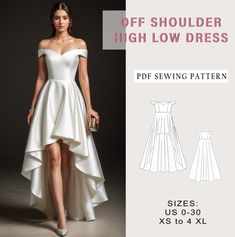 Digital sewing pattern for off shoulder high-low dress. ✔️ US Sizes: 2, 4, 6, 8, 10, 12, 14, 16, 18, 20, 22, 24, 26, 28, 30 ✔️ Standard sizes: XS, S, M, L, XL, 2XL, 3XL, 4XL/5XL ✔️These templates are suitable for A4, A0 and US Letter size paper. When you purchase this pattern, you will receive a digital (pdf) sewing pattern and instructions. Once your payment processes, you will automatically receive a download links of pattern files. If you have any problem accessing the files, please don't hes High Low Skirt Sewing Pattern, Cold Shoulder Dress Pattern Sewing, Wedding Dress Sewing Patterns Free, Corset Dress Sewing Pattern, Wedding Dress Patterns Sewing, Cold Shoulder Dress Pattern, Dress Patterns For Beginners, High Low Dress Pattern, Circle Dress Pattern