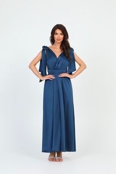 Elegant Sleeveless Gown For Bridesmaids, Elegant Sleeveless Mother Of The Bride Dress For Banquet, Elegant Blue A-line Mother Of The Bride Dress, Elegant Blue A-line Maxi Dress, Elegant V-neck Bridesmaid Dress, Elegant V-neck Maxi Dress For Banquet, Elegant Blue Satin Bridesmaid Dress, Blue A-line Maxi Dress For Wedding, Elegant V-neck Maxi Dress For Wedding Guest