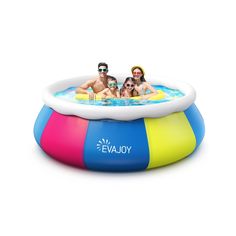 an inflatable pool with three people sitting on it and the words evajoy written above