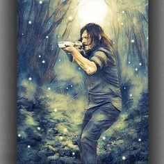 a painting of a man holding a camera in the woods