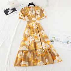 Pattern: Broken Flowers Size: s, m, l Color: green, yellow, pink purple Slim Waist, Long Skirt, Pink Purple, Bubbles, V Neck, Long Sleeve Dress, Yellow, Purple, Green