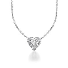 Diamond solitaire pendant, showcasing a beautiful heart shaped lab grown diamond weighing 1.50 carats, IGI certified at G (near colorless) in color and VS2 (very clean) in clarity. The diamond is prong-set in 14k white gold and is suspended from an elegant 16" white gold chain necklace. Accompanied by the IGI certificate for the diamond. Cubic Zirconia Heart Cut Diamond Necklace, Brilliant Cut Diamond White Solitaire Necklace With Heart Pendant, Diamond White Solitaire Necklace With Brilliant Cut Heart Pendant, Anniversary Heart Cut Solitaire Necklace With Prong Setting, Heart Cut Solitaire Necklace With Prong Setting For Anniversary, Formal Heart Cut Necklace With Prong Setting, Diamond White Heart Solitaire Necklace, Heart Cut Solitaire Diamond Necklace Vvs Clarity, Heart Shaped Solitaire Necklace Vvs Clarity