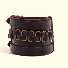 Brown Leather Laces Threaded Through Oval Brass Links Of Two Brown Leather Straps Studded Across The Front Of A Thick Leather Band; Forming A Unique Gritty Edge Around The Wrist. It Also Has A Pair Of Adjustable Buckle Closures For That Desired Fit. Brown Leather Strap, Band Bracelet, Mens Accessories Jewelry, Paparazzi Accessories, Leather Band, Leather And Lace, Rocker, Brown Leather, Leather Straps