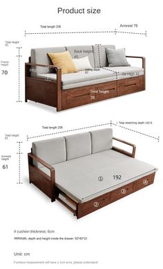 an image of a couch with drawers on the bottom and bottom, as well as measurements for