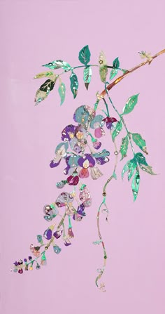 a branch with leaves and beads hanging from it's end on a pink background