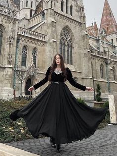 "★★ FEATURES * Chiffon skirt * Chiffon liner * Elastic waistband * High waist skirt * A Line skirt * Ankle length skirt * Perfect for Spring, Summer, Autumn * Wash by hand or machine with cold water ★★ The model is 170 cm (5′ 7″) tall with a 80 cm (31.5\") bust, 66 cm (26\") waist. She is wearing the black skirt in size XS. ★★ Bespoke Order Service If you Request other color Request the length Your height is not between 155 cm- 172 cm Your weight is over 75 kg I can do it for you, It will need s Gothic Winter Skirt For Party, Elegant Halloween Party Skirt, Black Flowy Skirt, Long Flared Skirt, Long Chiffon Skirt, Goth Skirt, Skirt Chiffon, Skirt A Line, Chiffon Maxi Skirt