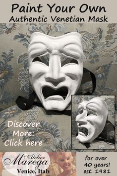 the Tragic mask from theatre drama is shown here in two views.  The papier mache Venetian handmade mask is painted white.. .a blank canvas for you to paint and show your own personality.  From Atelier Marega, established in 1981, bringing you quality masks and costumes for over 40 years!  Family run business in Venice, Italy Artistic White Mask For Theater, Artistic White Masks And Prosthetics For Theater, Artistic White Masks As Gifts, Artistic White Masks As A Gift, Artistic White Masks For Mardi Gras, Artistic White Masks And Prosthetics For Mardi Gras, White Venetian Masks For Theater, Venetian White Mask For Theater, White Venetian Masks And Prosthetics For Theater