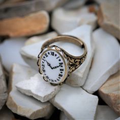 Vintage Clock Face Cameo Adjustable Ring on Silver or Brass Setting | Ragtrader Vintage Watch Rings Aesthetic, Capsules Wardrobe, Clock Ring, German Clock, Chunky Silver Jewellery, Ouji Fashion, Yashiro Nene, Face Necklace, Fall 24