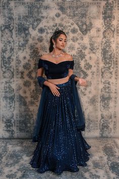 Blue Coloured Sequins Lehenga – Panache Haute Couture Navy Blue Velvet Blouse, Blue Sequin Lehenga, Lehenga Blouse Styles, Dark Blue Lehenga, Trendy Lehenga Designs, Velvet Skirt Outfit, Blue Velvet Blouse, Velvet Blouse Design, Bride Lehenga