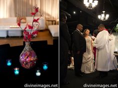 two pictures side by side, one with flowers in a vase and the other with candles