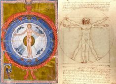 an old book with a drawing of a man in the center and another image of a human figure on it