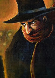 a painting of a man wearing a black hat and scarf with his hand on his hip