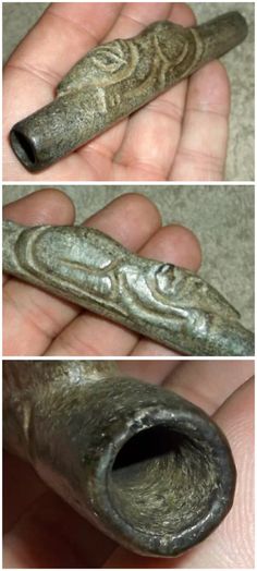 three different pictures of an object in the palm of someone's hand, including a pipe