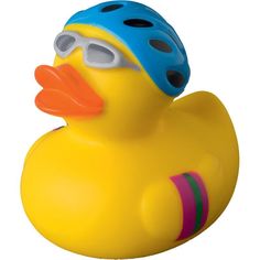 a yellow rubber duck with goggles and a blue helmet on it's head