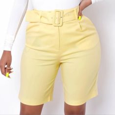 Hi-Waist W/Pockets Removable Belt 8in Inseam Waist Measurements Are 13, 14, And 15in For S,M And L. Hip Measurements Are 17, 18, And 19 Dor S, M, And L. Good Stretch For The Curvy Girl Available In Pink And Yellow S, M, L In Each Color Brand New Cheap Yellow Knee-length Bottoms, Chic Yellow Shorts For Workwear, Yellow Short Bottoms For Work, Yellow Workwear Bottoms Shorts, Yellow Summer Shorts For Work, Yellow Short Length Bottoms For Workwear, Yellow Short Length Workwear Bottoms, Yellow Bottoms With Pockets For Spring, Trendy Knee-length Shorts With Belt Loops