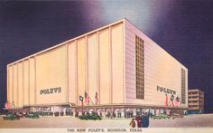 an old postcard shows the exterior of a building with people standing outside at night