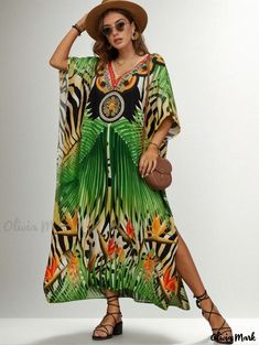 Olivia Mark - Beach Cover-Up Womens Cotton Printed Vacation Caftan Loose Fitting Maxi Dress Green V-neck Kaftan With Vibrant Print, Green Printed V-neck Kaftan, Green V-neck Printed Kaftan, Bohemian Beach Dress With Leaf Print, Tropical Green Kaftan For Beach Cover-up, Green Printed Dresses For Beach Season, Green Printed Dress For Beach Season, Green V-neck Free Size Kaftan, Green Printed Beachwear Dress