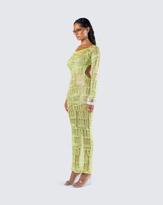 Get them all caught up in the thought of you in this green open knit maxi dress 😏 Made from fully fashioned knit fabric and complete with a bodycon fit and adjustable back straps, this green maxi dress will have them hooked 💚 Green Maxi Crochet Dress For Summer, Green Maxi Crochet Dress For Beach, Green Fitted Maxi Dress For Beach, Green Maxi Crochet Dress For Spring, Green Crochet Dress For Party, Green Bodycon Midi Length Maxi Dress, Fitted Green Crochet Dress For The Beach, Spring Green Crochet Dress For Party, Green Crochet Dress For Spring Party