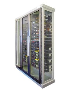 a wine cooler with many bottles in it's glass doors and two shelves full of wine