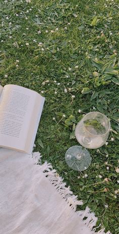 an open book on the ground next to a wine glass and some water in a bowl