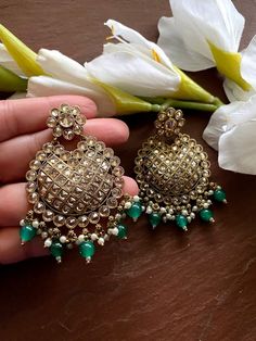 Indo Western tops earrings with mehndi plating Handmade Design Chand earrings Height = 65 mm || Width = 46 mm Classic Earring Antique Earring Highest quality and craftsmanship, Ready to ship from Edison NJ USA Please contact us for any questions Green Hand Set Round Chandbalis, Meenakari Chandelier Earrings For Diwali, Round Earrings With Intricate Design For Eid, Intricate Round Earrings For Eid, Festive Meenakari Round Chandelier Earrings, Festive Meenakari Chandelier Earrings, Festive Round Meenakari Chandelier Earrings, Round Kundan Bridal Earrings As Gift, Festive Round Kundan Chandelier Earrings