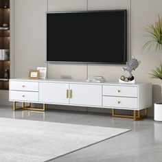 a living room with a large flat screen tv mounted on the wall and two gold handles