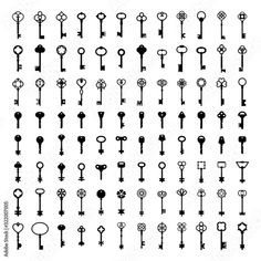 the silhouettes of old keys with different shapes and sizes, all in black on a white background