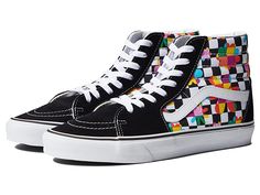 Vans SK8-Hi - Skate Shoes : (Floral Checkerboard) Black/True White : Keep it old school every step of the way with the classic Vans SK8-Hi skateboard shoes! High-top skate shoes with a classic silhouette and Sidestrap detail. Uppers of suede, leather, or canvas. Cotton drill lining. Padded collar for added comfort and support. Triple-stitch collar adorns collar. Die-cut EVA insert. Vulcanized construction: • Slimmed-down profile offers a flexible feel. • Gum rubber outsole with signature waffle Retro Skate Shoes For Skateboarding In Spring, Retro High-top Skateboarding Sneakers With Rubber Sole, Retro High-top Sneakers For Skateboarding With Rubber Sole, Retro High-top Vans Sneakers, Trendy High-top Sneakers For Skateboarding With Rubber Sole, Retro High-top Sneakers For Skateboarding, Retro High-top Skate Shoes With White Sole, Retro Lace-up Skate Shoes With Speckled Midsole, Retro Lace-up High-top Sneakers For Skateboarding