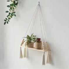 some plants are hanging from a shelf with tassels and beads on the bottom