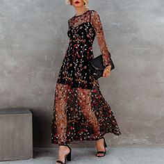 Fabric: Mesh<BR/> Size: S, M, L, XL Casual Fitted Lace Patchwork Maxi Dress, Casual Fitted Maxi Dress With Lace Patchwork, Elegant Floral Embroidery Maxi Dress For Fall, Fitted Embroidered Maxi Dress For Spring, Spring Fitted Embroidered Maxi Dress, Spring Embroidered Fitted Maxi Dress, Summer Party Long Sleeve Embroidered Dress, Black Embroidered Maxi Dress For Spring, Chic Embroidered Fitted Maxi Dress