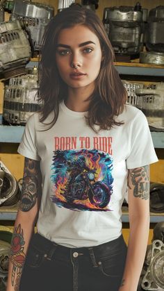 Rev up your wardrobe with our "Born to Ride" t-shirt, designed for those who love the open road, the roar of a bike, and the thrill of freedom. This shirt features a bold, retro-style graphic of motorcyclists tearing through a sunset, evoking a sense of adventure and rebellious spirit. 🏍️ Key Features: 👕 Premium Cotton Comfort: Soft, breathable, and durable fabric that keeps you comfortable all day long. 🎨 Vibrant Tattoo Art Design: High-quality print featuring motorcycle riders, flames, and a retro sunset, perfect for those who love bold, dynamic designs. ️ Unisex Fit: Available in various sizes, this t-shirt is designed to fit both men and women who embrace the biker lifestyle. 🎁 Great Gift Idea: Perfect for birthdays, holidays, or any occasion for motorcycle lovers, bikers, and free Biker T-shirt With Sublimation Print For Biker Events, White Short Sleeve T-shirt For Motorcycling, White Sublimation Print T-shirt For Biker Events, Sublimation Print Short Sleeve T-shirt For Motorcycling, Biker T-shirt With Sublimation Print, Biker Style Short Sleeve T-shirt For Motorcycling, Graphic Tee For Biker Events, White Moto Style Short Sleeve T-shirt, White Short Sleeve Moto T-shirt