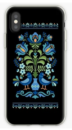 a black phone case with blue flowers and two birds on the front, in an ornate design