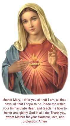 an image of the immaculate mary holding her hands in front of her chest, with words written on it